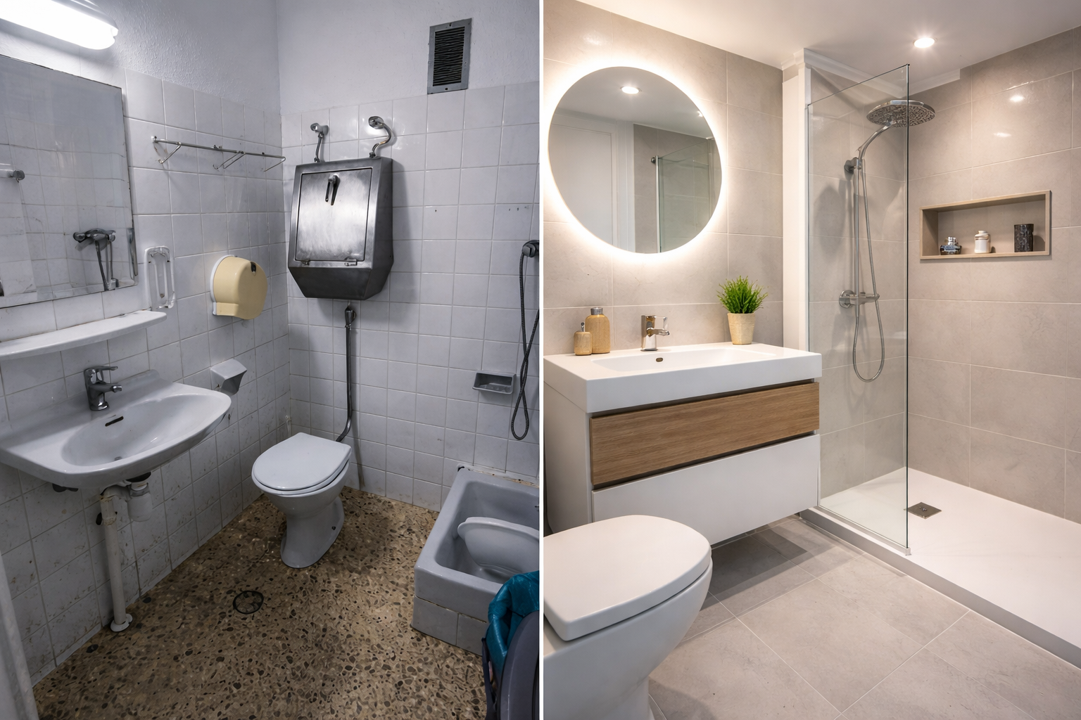 Baño antiguo en Valencia antes de reforma junto a baño moderno reformado con ducha, muebles nuevos y diseño actual